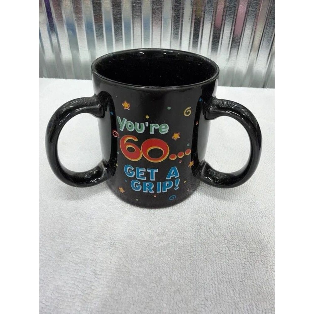 60th Birthday Double Handle Mug You’re 60 Get a Grip Black Ceramic